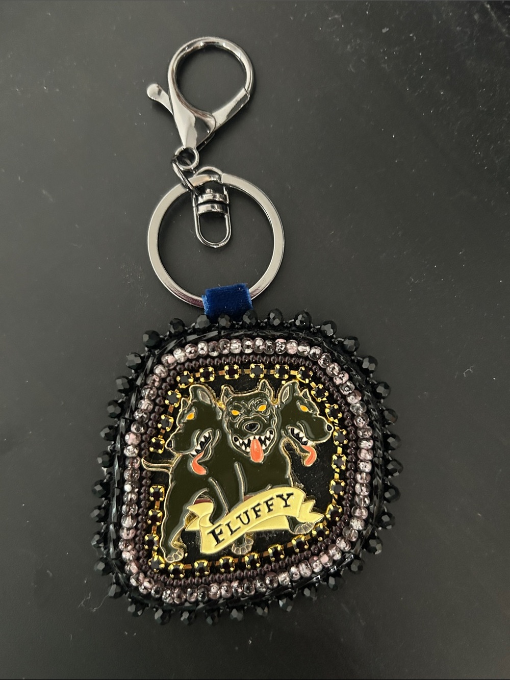 Beaded 'Fluffy' Three-Headed Dog Keychain - Black & Gold